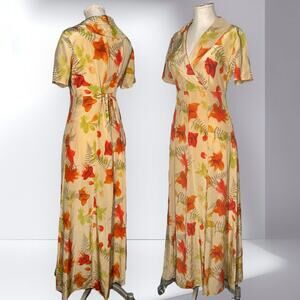ISABELLA BIRD 100%Silk Vintage Midi Dress Orange Maple Leaf Print A-Line Wedding